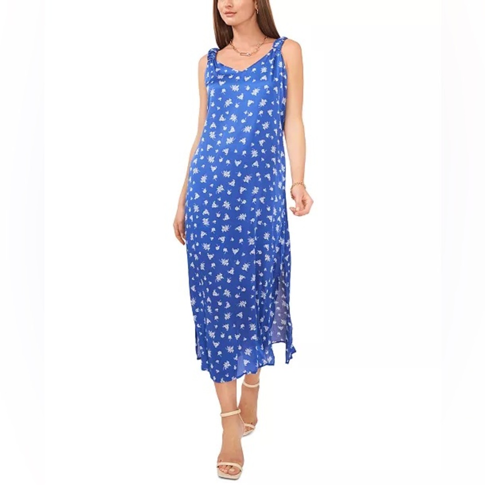 Vince Camuto Blue Printed Ruched-Strap V-Neck Dress Size Medium